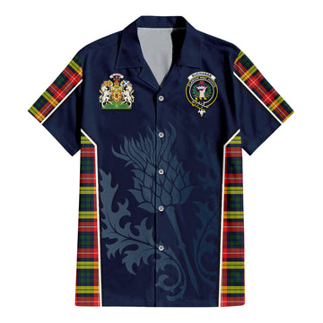 Buchanan Modern Tartan Short Sleeve Button Up Shirt with Family Crest and Scottish Thistle Vibes Sport Style