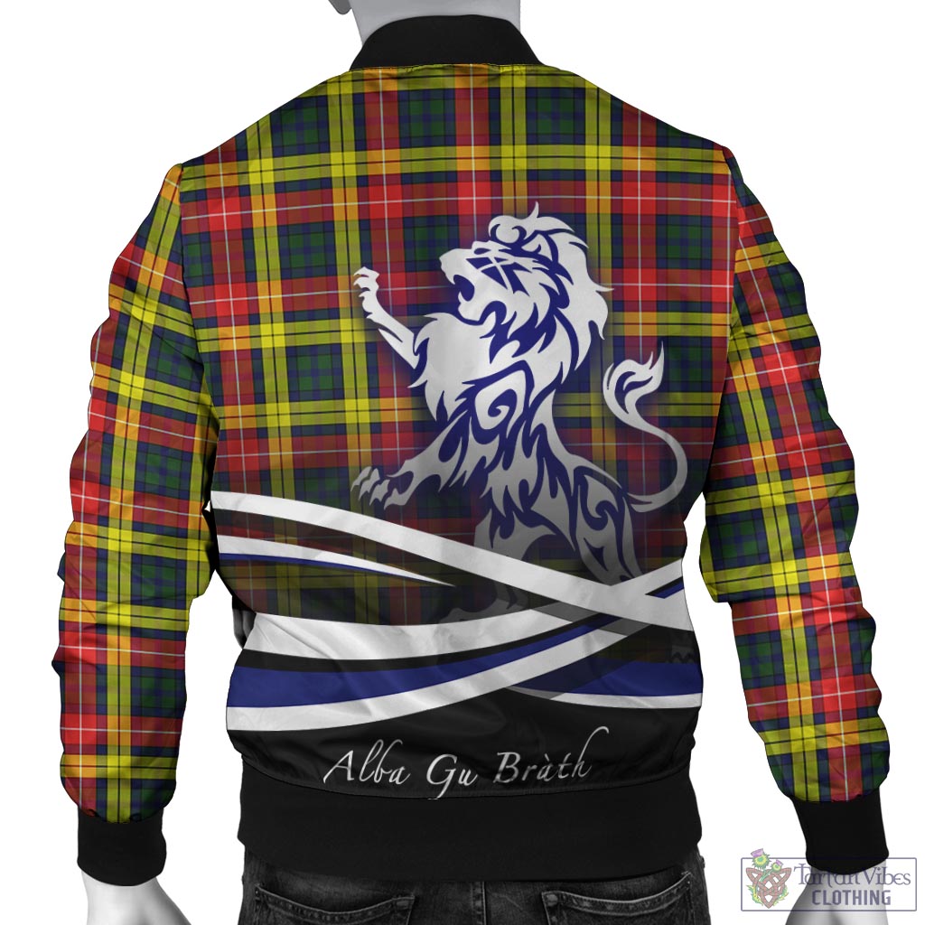 Tartan Vibes Clothing Buchanan Modern Tartan Bomber Jacket with Alba Gu Brath Regal Lion Emblem