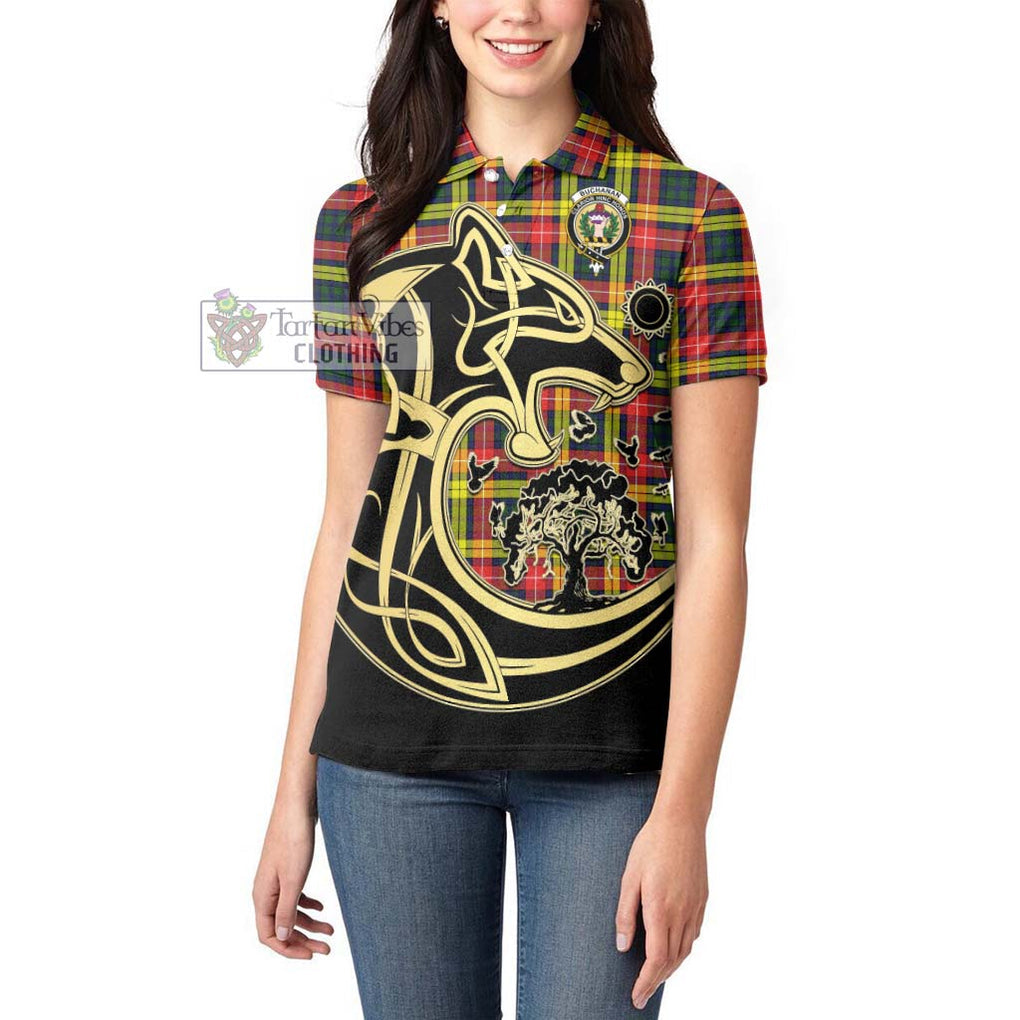 Buchanan Modern Tartan Women's Polo Shirt with Family Crest Celtic Wolf Style - Tartanvibesclothing Shop