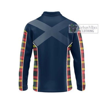 Buchanan Modern Tartan Long Sleeve Polo Shirt with Family Crest and Lion Rampant Vibes Sport Style