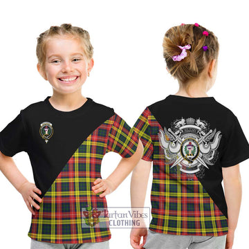 Buchanan Modern Tartan Kid T-Shirt with Family Crest and Military Logo Style