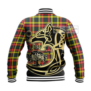 Buchanan Modern Tartan Baseball Jacket with Family Crest Celtic Wolf Style