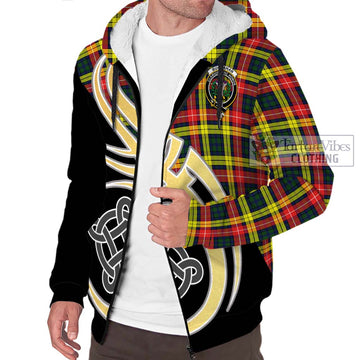 Buchanan Modern Tartan Sherpa Hoodie with Family Crest and Celtic Symbol Style