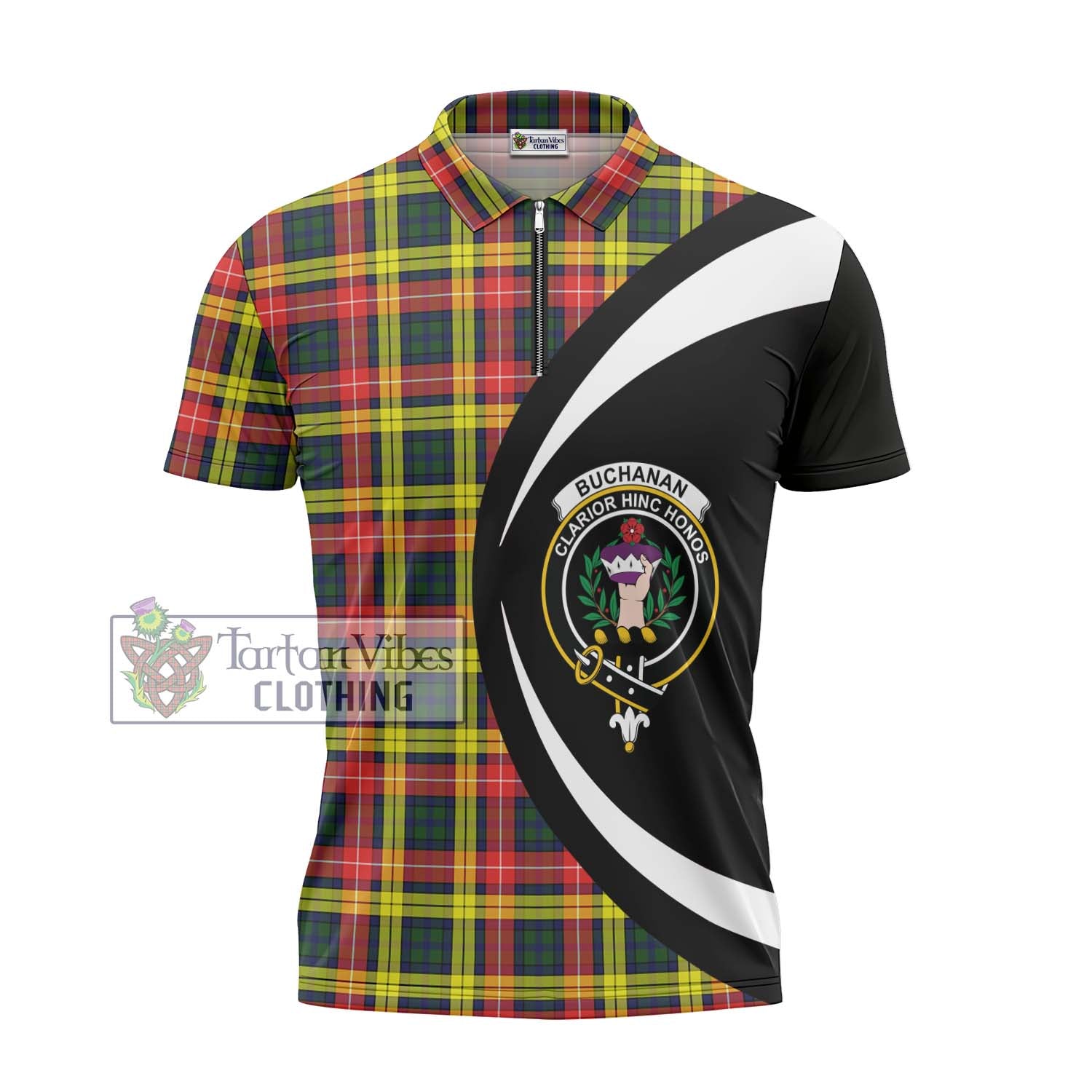 Tartan Vibes Clothing Buchanan Modern Tartan Zipper Polo Shirt with Family Crest Circle Style