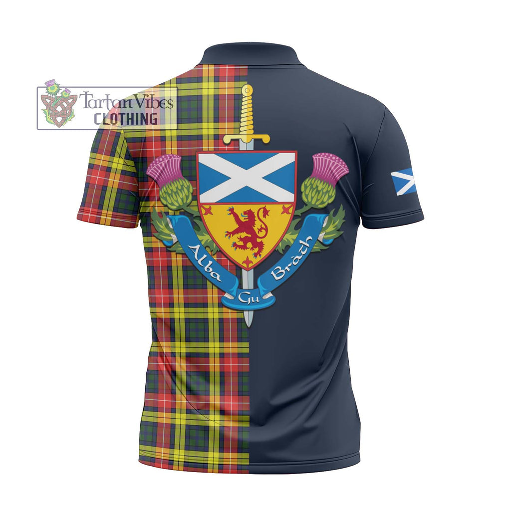 Tartan Vibes Clothing Buchanan Modern Tartan Zipper Polo Shirt with Scottish Lion Royal Arm Half Style