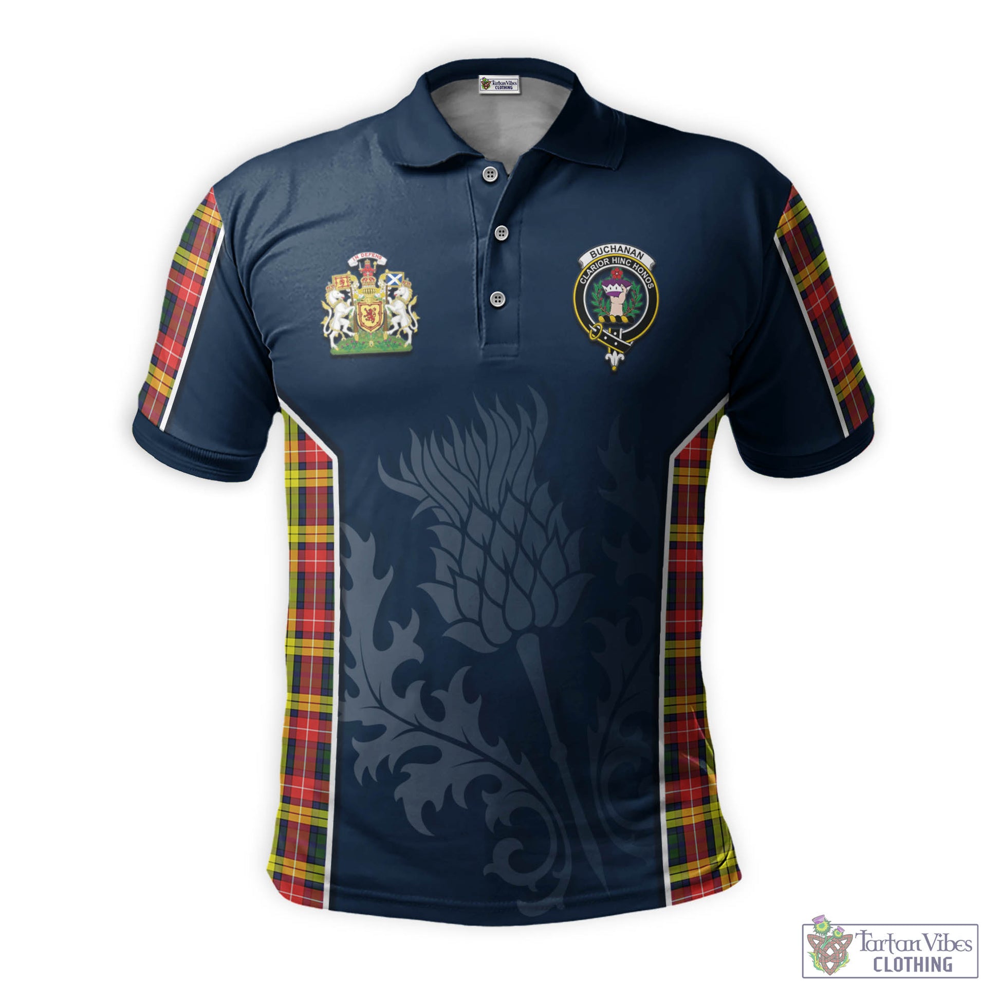 Tartan Vibes Clothing Buchanan Modern Tartan Men's Polo Shirt with Family Crest and Scottish Thistle Vibes Sport Style