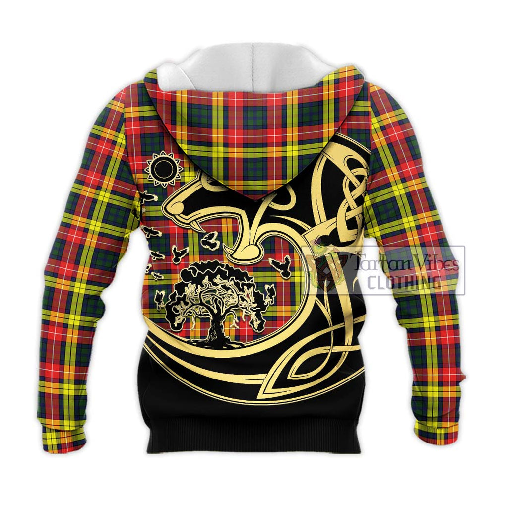 Buchanan Modern Tartan Knitted Hoodie with Family Crest Celtic Wolf Style - Tartan Vibes Clothing