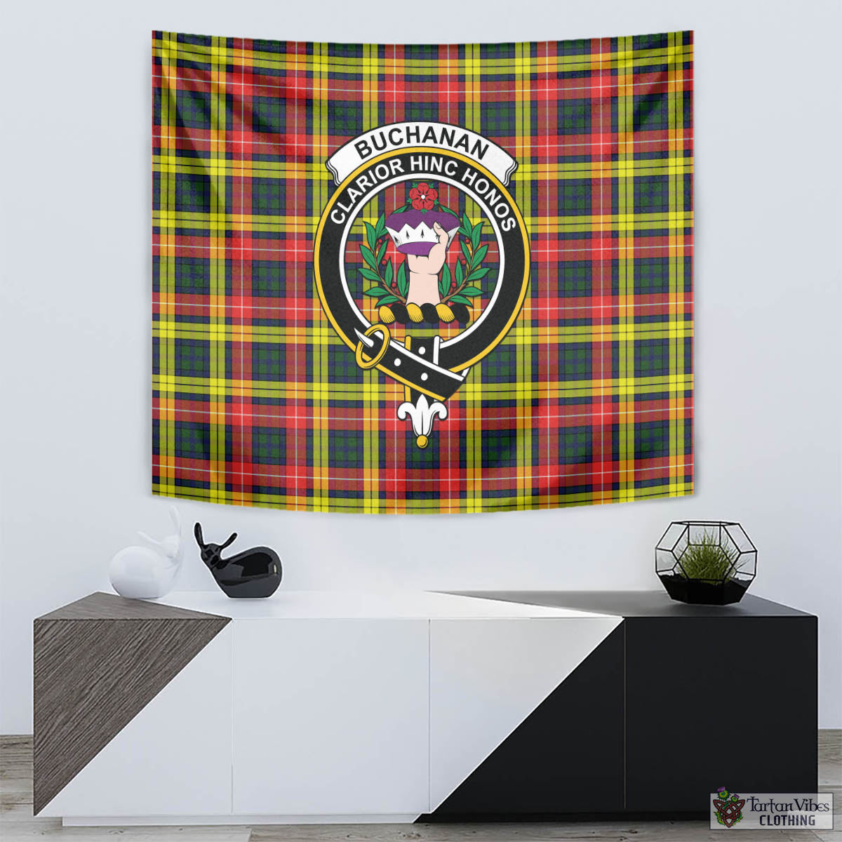 Tartan Vibes Clothing Buchanan Modern Tartan Tapestry Wall Hanging and Home Decor for Room with Family Crest