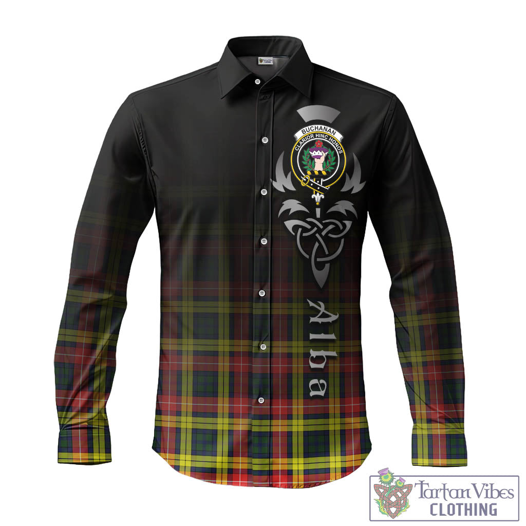 Tartan Vibes Clothing Buchanan Modern Tartan Long Sleeve Button Up Featuring Alba Gu Brath Family Crest Celtic Inspired