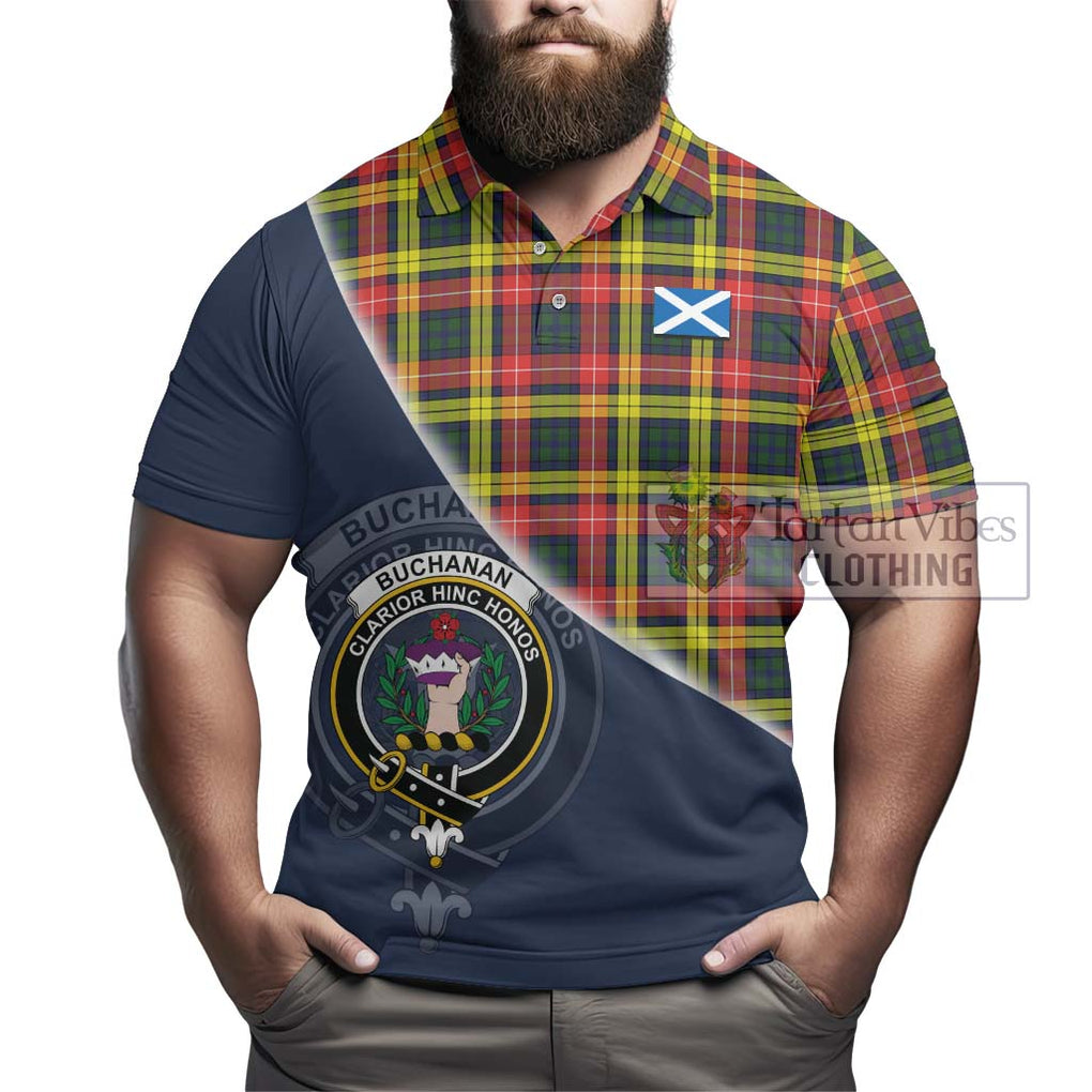 Buchanan Modern Tartan Polo Shirt with Personalised National Flag and Family Crest Half Style - Tartanvibesclothing Shop