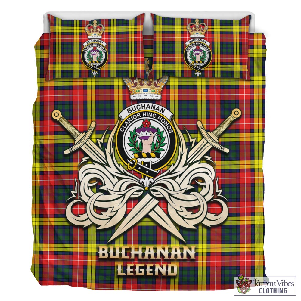 Tartan Vibes Clothing Buchanan Modern Tartan Bedding Set with Clan Crest and the Golden Sword of Courageous Legacy