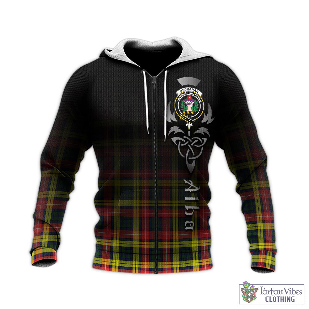 Tartan Vibes Clothing Buchanan Modern Tartan Knitted Hoodie Featuring Alba Gu Brath Family Crest Celtic Inspired