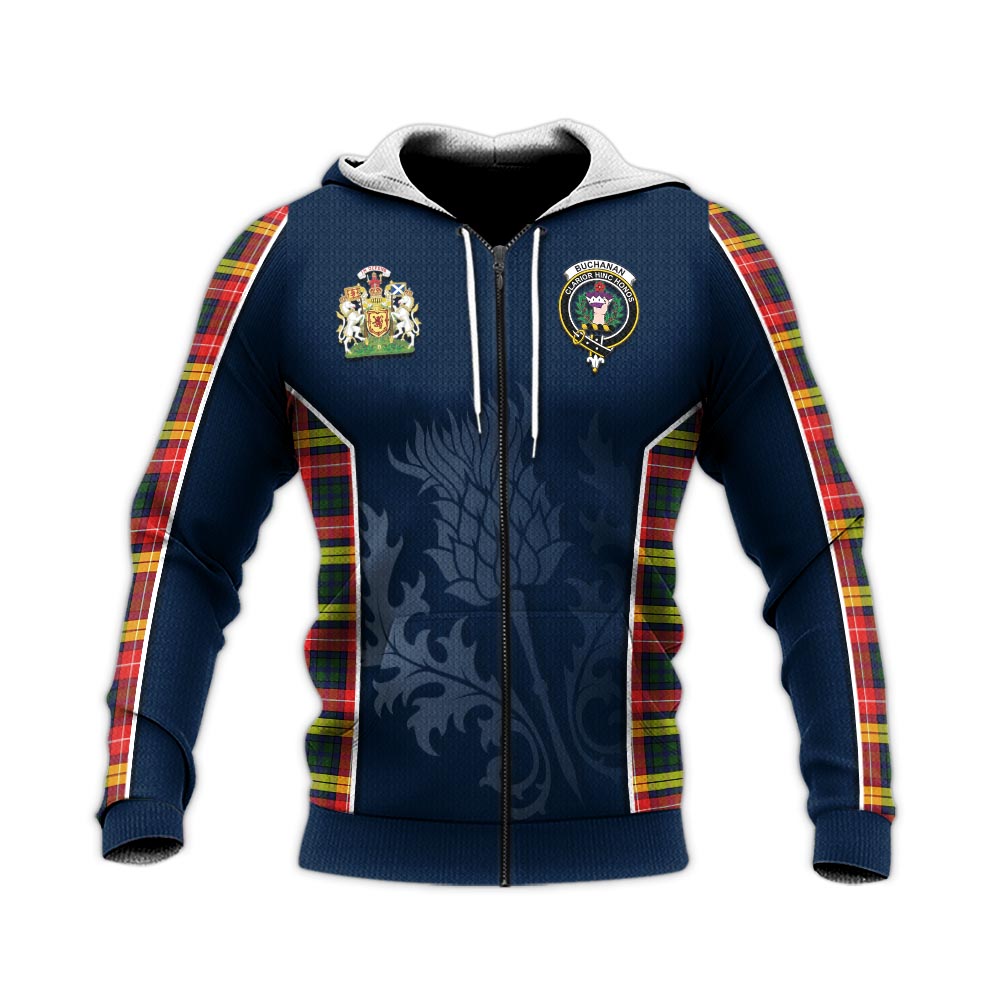 Tartan Vibes Clothing Buchanan Modern Tartan Knitted Hoodie with Family Crest and Scottish Thistle Vibes Sport Style