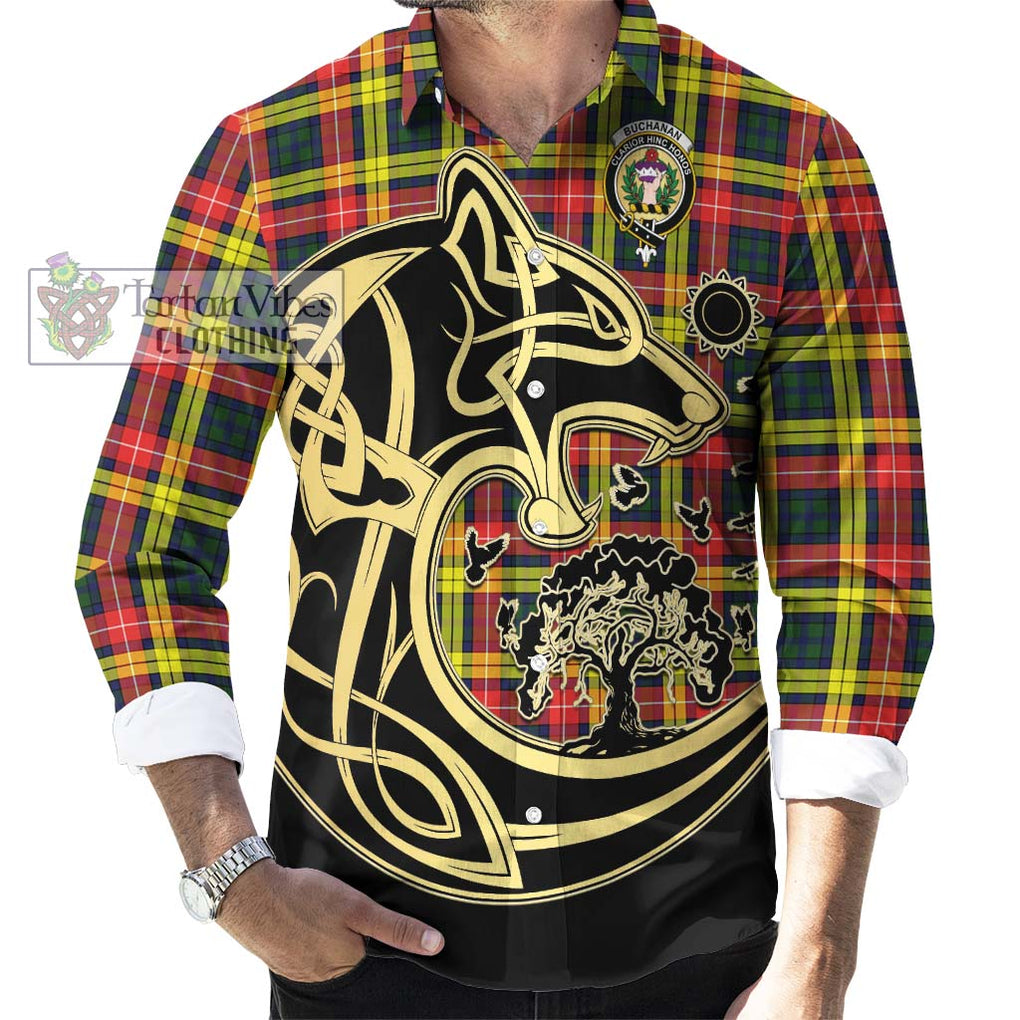 Buchanan Modern Tartan Long Sleeve Button Shirt with Family Crest Celtic Wolf Style - Tartan Vibes Clothing