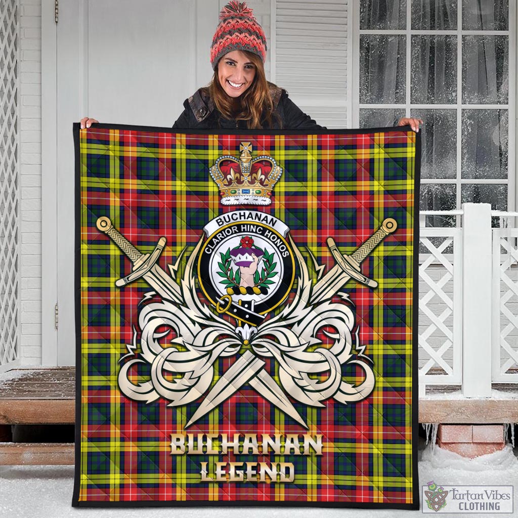 Tartan Vibes Clothing Buchanan Modern Tartan Quilt with Clan Crest and the Golden Sword of Courageous Legacy