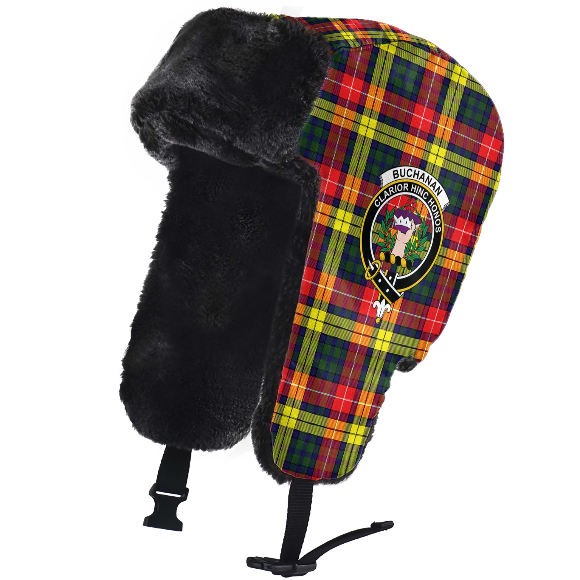 Buchanan Modern Tartan Winter Trapper Hat with Family Crest - Tartanvibesclothing