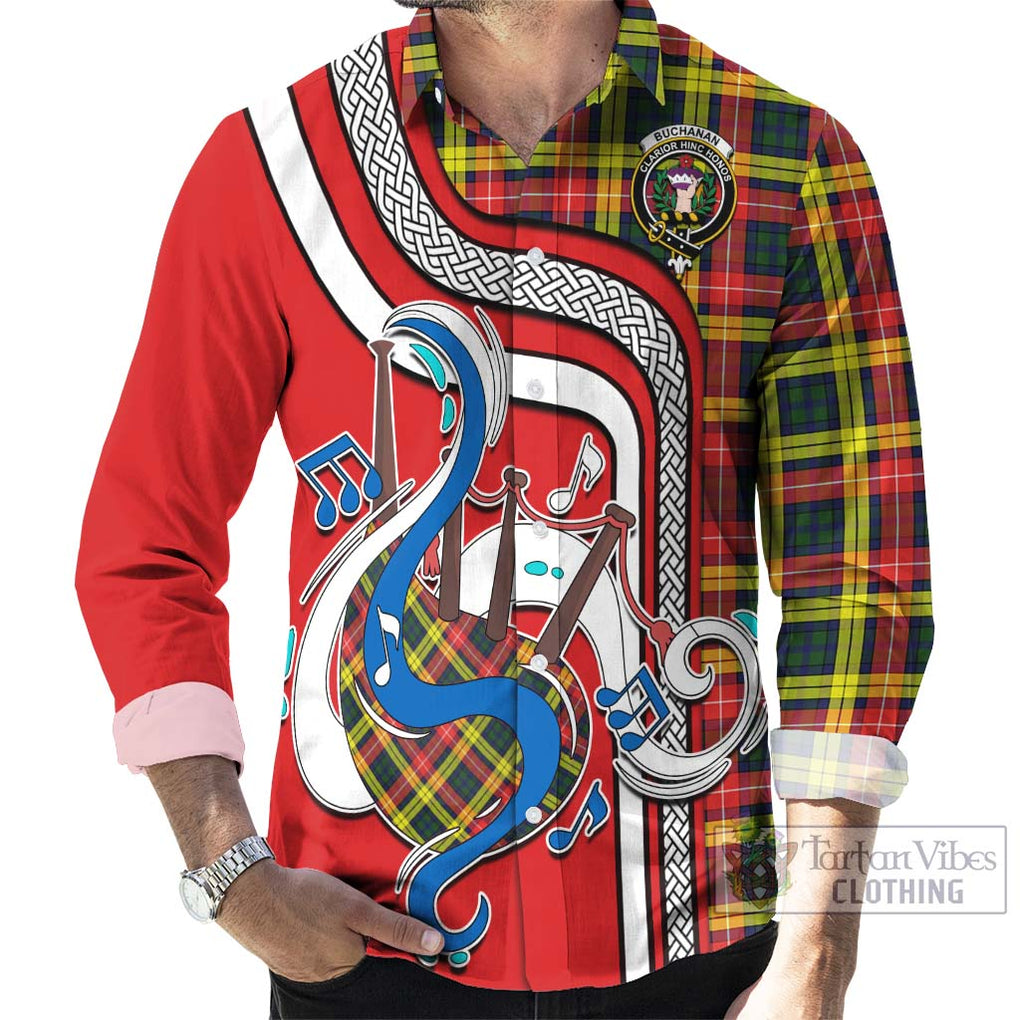 Buchanan Modern Tartan Long Sleeve Button Shirt with Epic Bagpipe Style - Tartanvibesclothing Shop