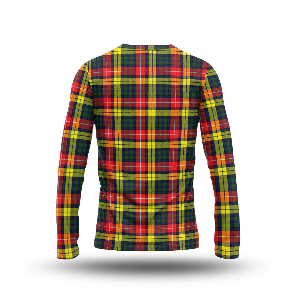 Buchanan Modern Tartan Long Sleeve T-Shirt with Family Crest - Tartanvibesclothing