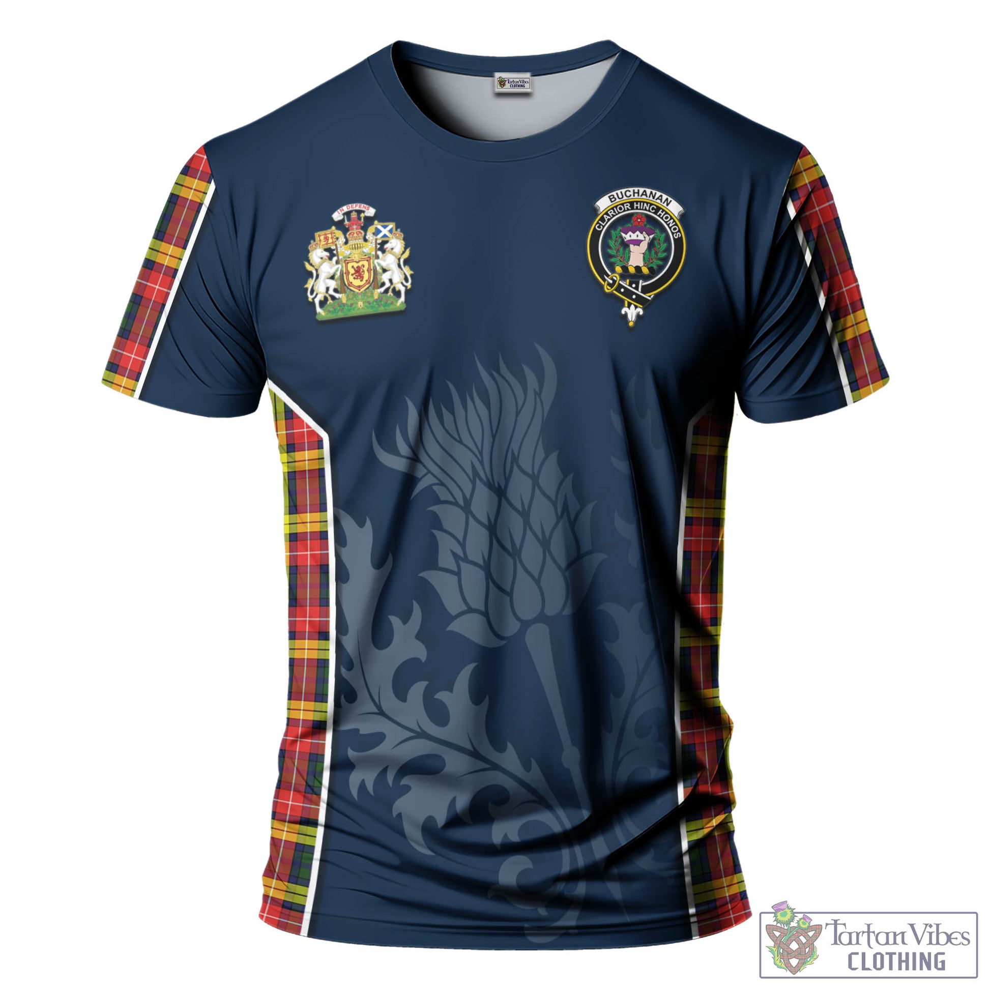 Tartan Vibes Clothing Buchanan Modern Tartan T-Shirt with Family Crest and Scottish Thistle Vibes Sport Style