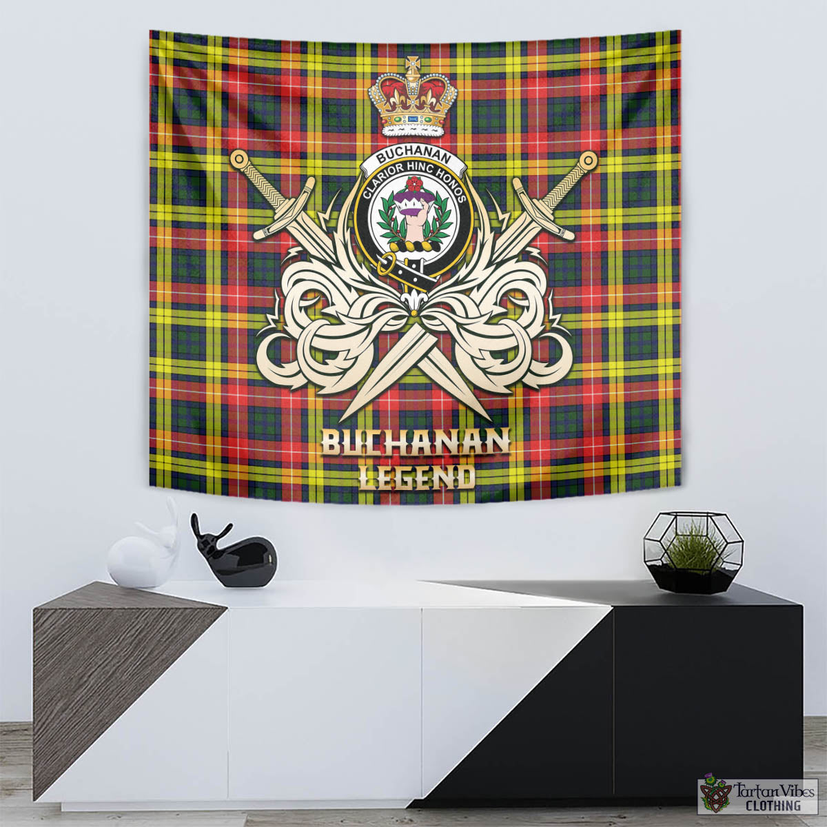 Tartan Vibes Clothing Buchanan Modern Tartan Tapestry with Clan Crest and the Golden Sword of Courageous Legacy