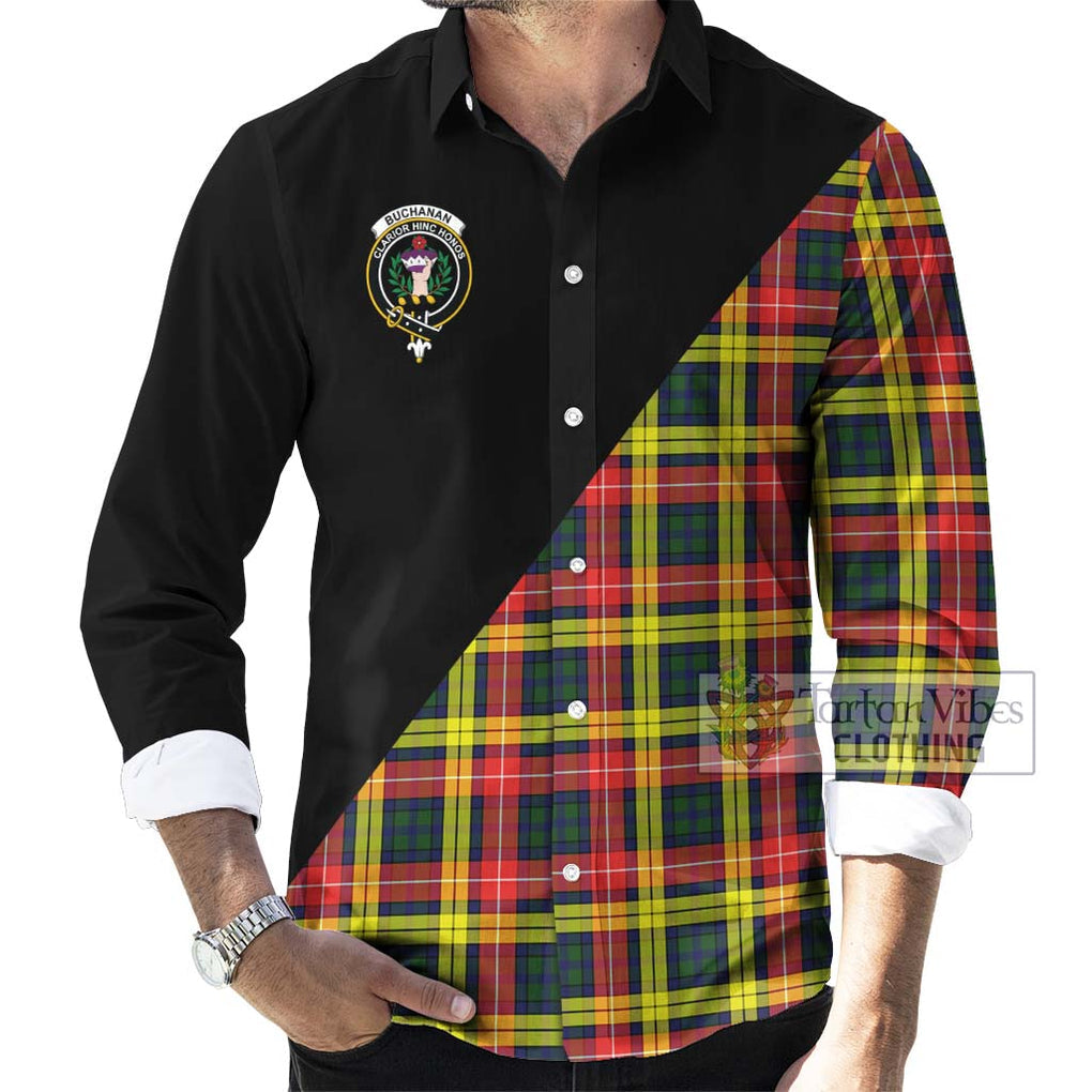 Buchanan Modern Tartan Long Sleeve Button Shirt with Family Crest and Military Logo Style - Tartanvibesclothing Shop