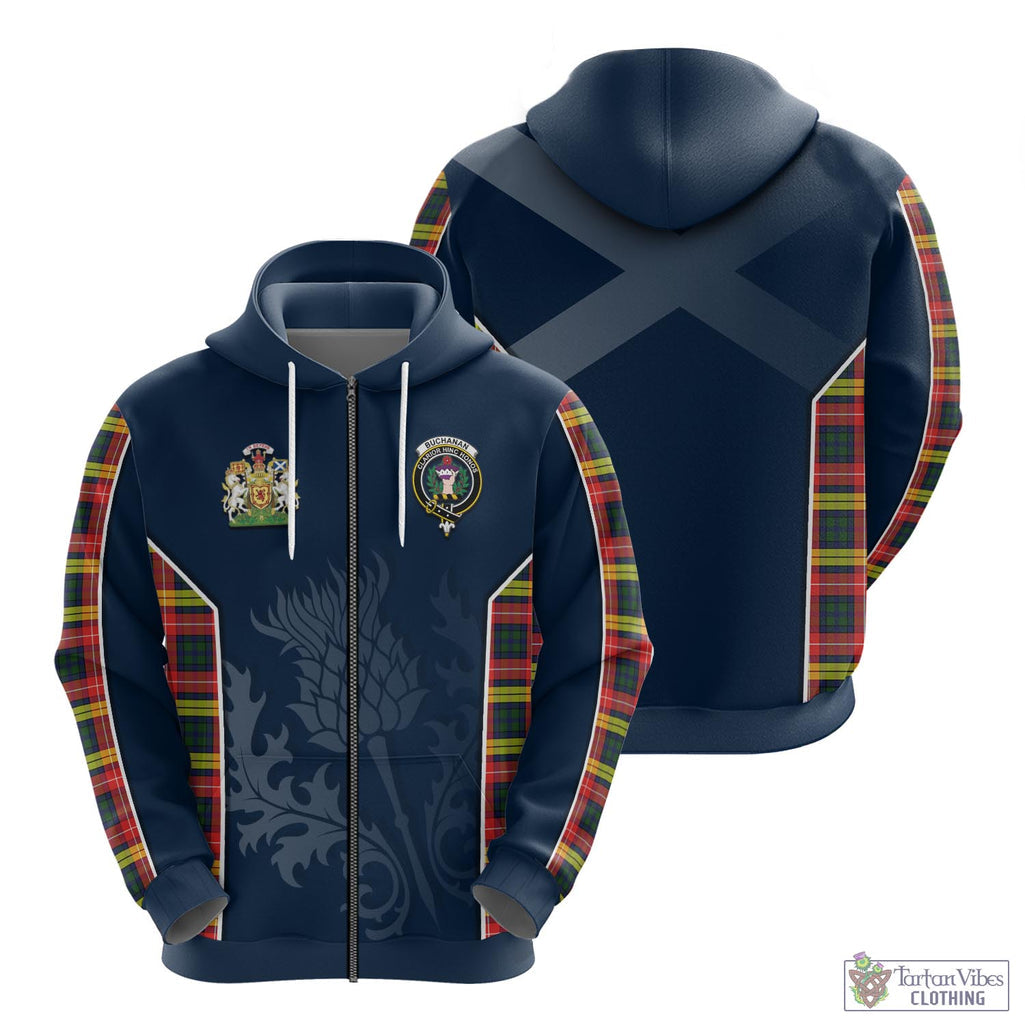 Tartan Vibes Clothing Buchanan Modern Tartan Hoodie with Family Crest and Scottish Thistle Vibes Sport Style