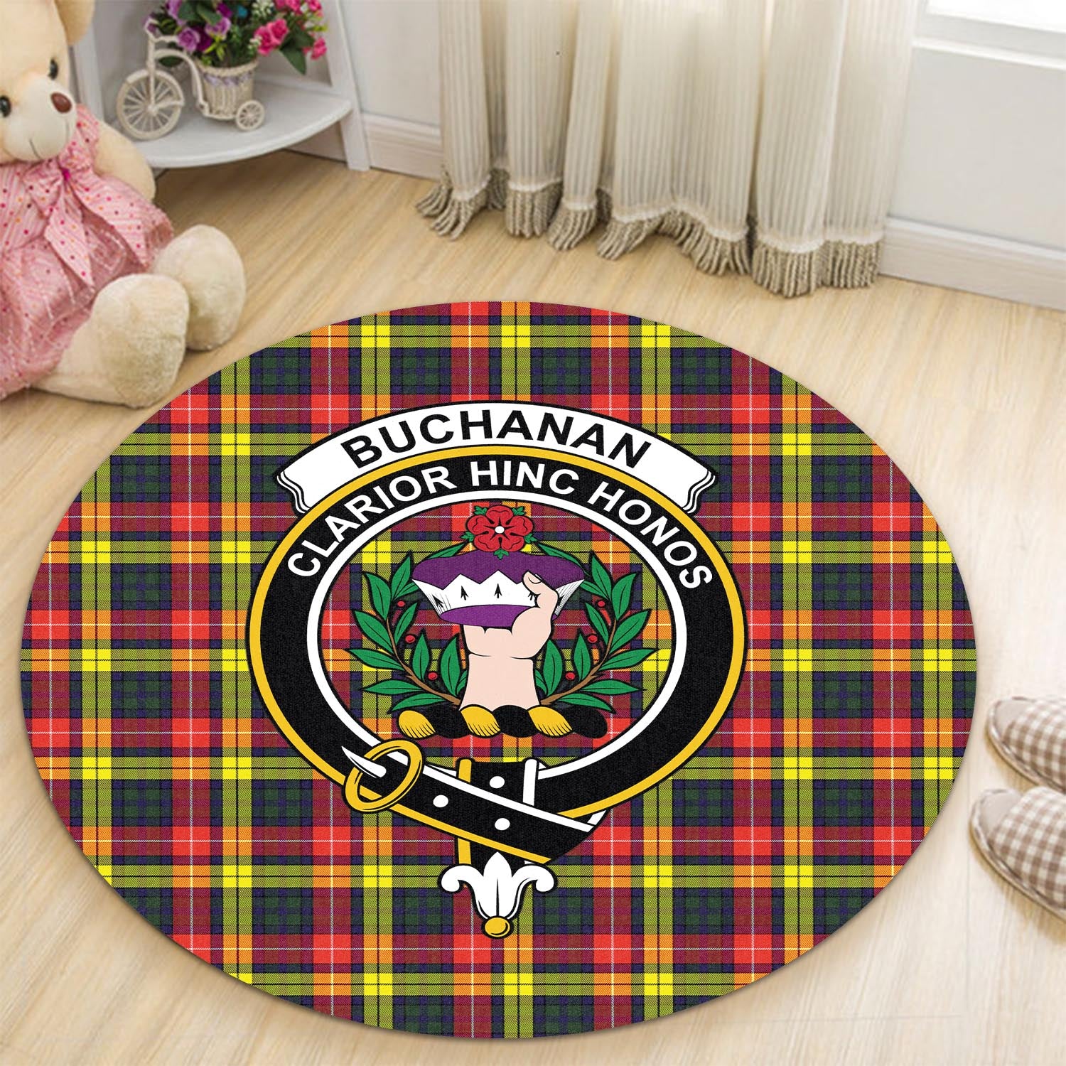 Buchanan Modern Tartan Round Rug with Family Crest - Tartanvibesclothing