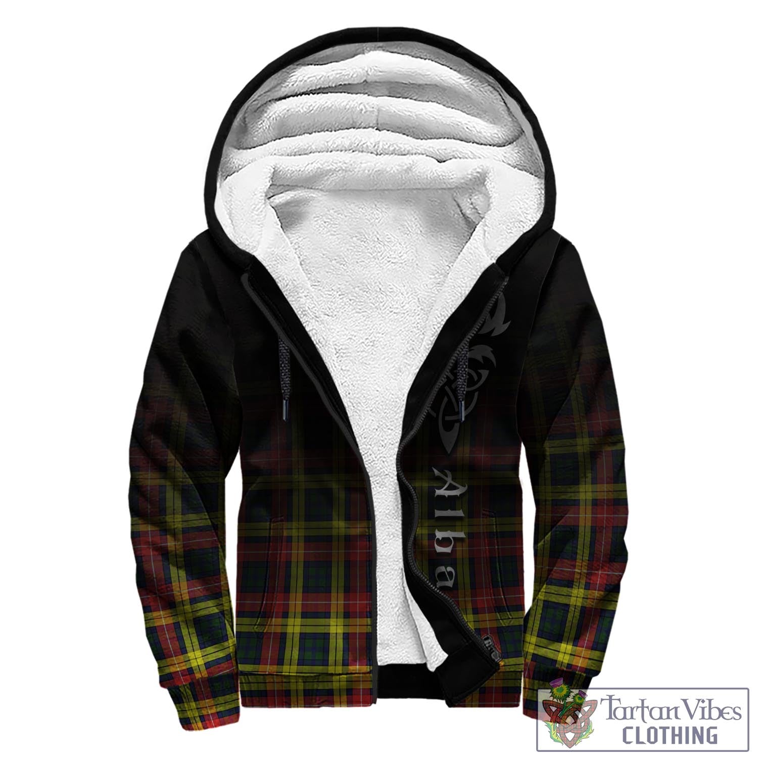 Tartan Vibes Clothing Buchanan Modern Tartan Sherpa Hoodie Featuring Alba Gu Brath Family Crest Celtic Inspired