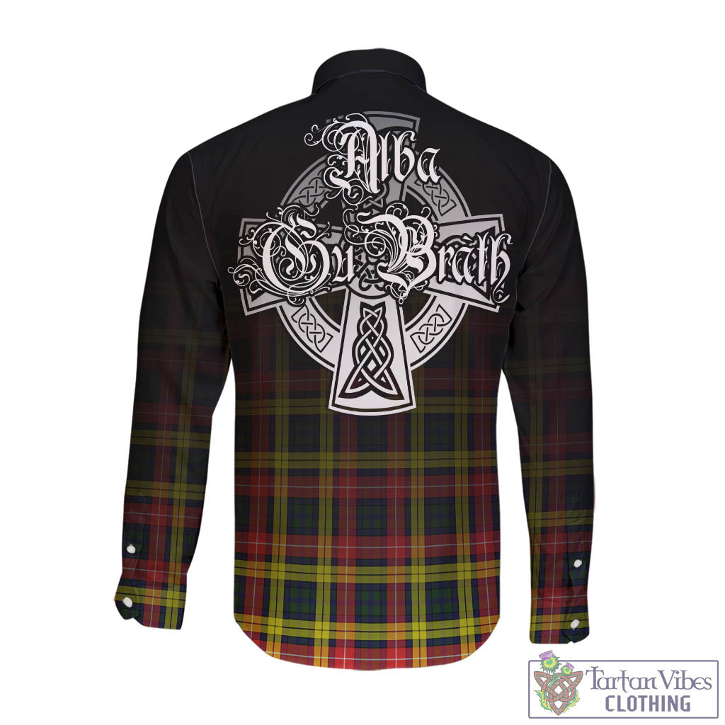 Tartan Vibes Clothing Buchanan Modern Tartan Long Sleeve Button Up Featuring Alba Gu Brath Family Crest Celtic Inspired