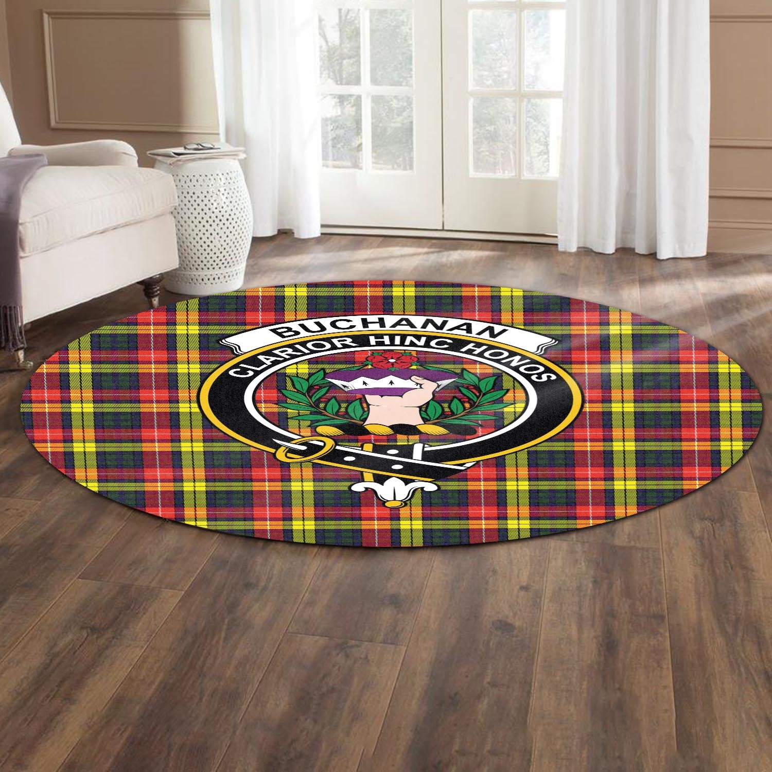 Buchanan Modern Tartan Round Rug with Family Crest - Tartanvibesclothing