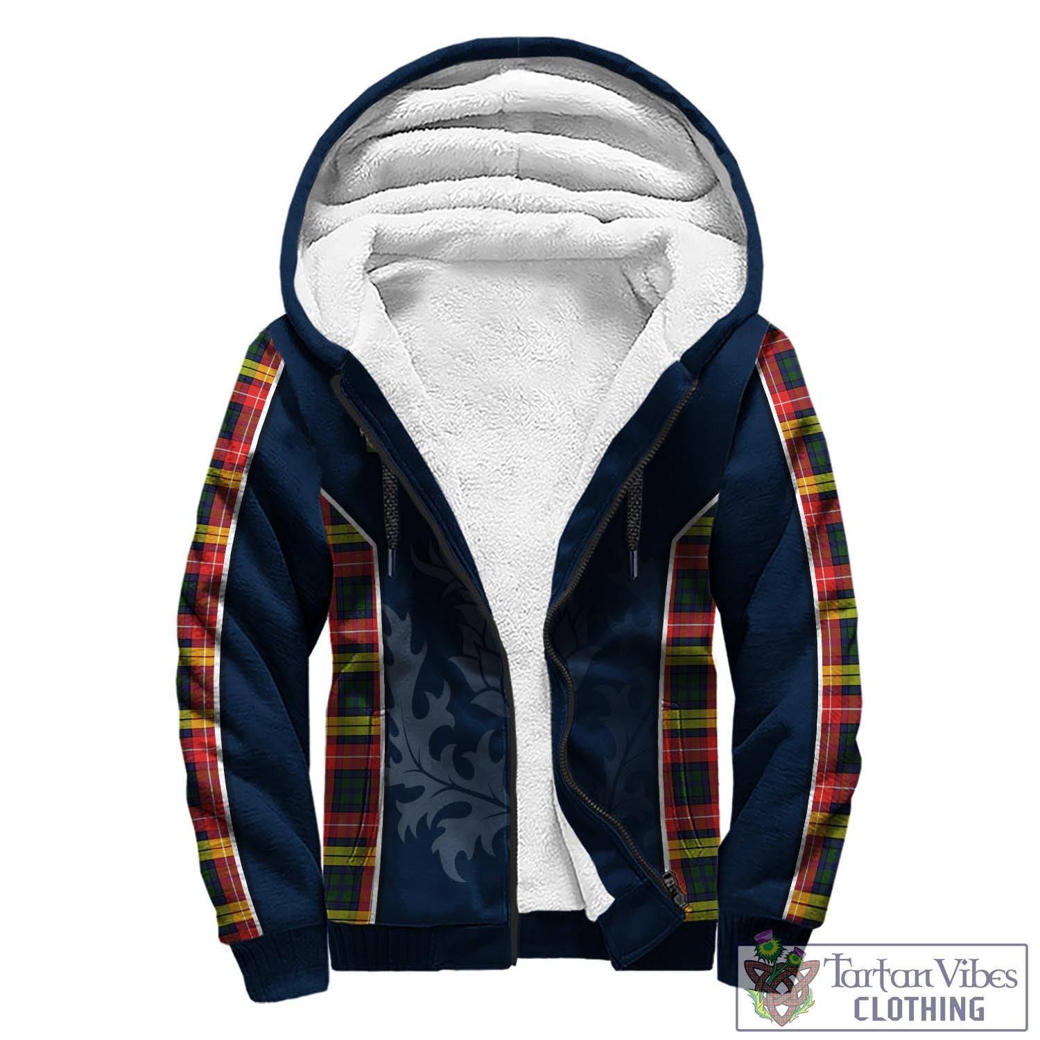 Tartan Vibes Clothing Buchanan Modern Tartan Sherpa Hoodie with Family Crest and Scottish Thistle Vibes Sport Style