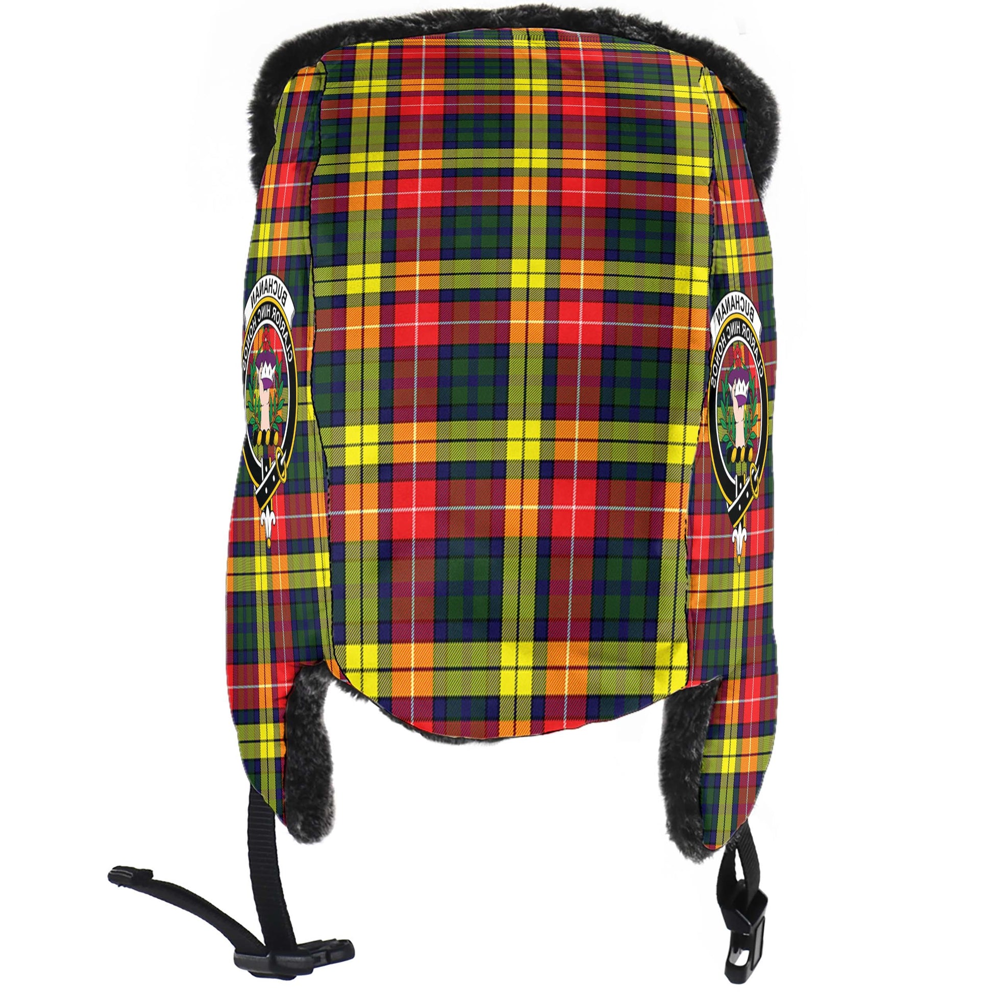 Buchanan Modern Tartan Winter Trapper Hat with Family Crest - Tartanvibesclothing