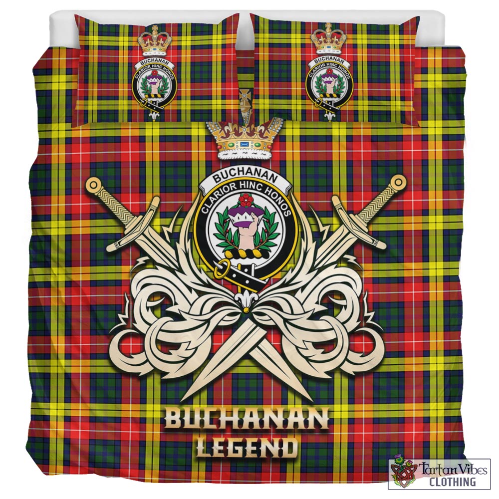 Tartan Vibes Clothing Buchanan Modern Tartan Bedding Set with Clan Crest and the Golden Sword of Courageous Legacy