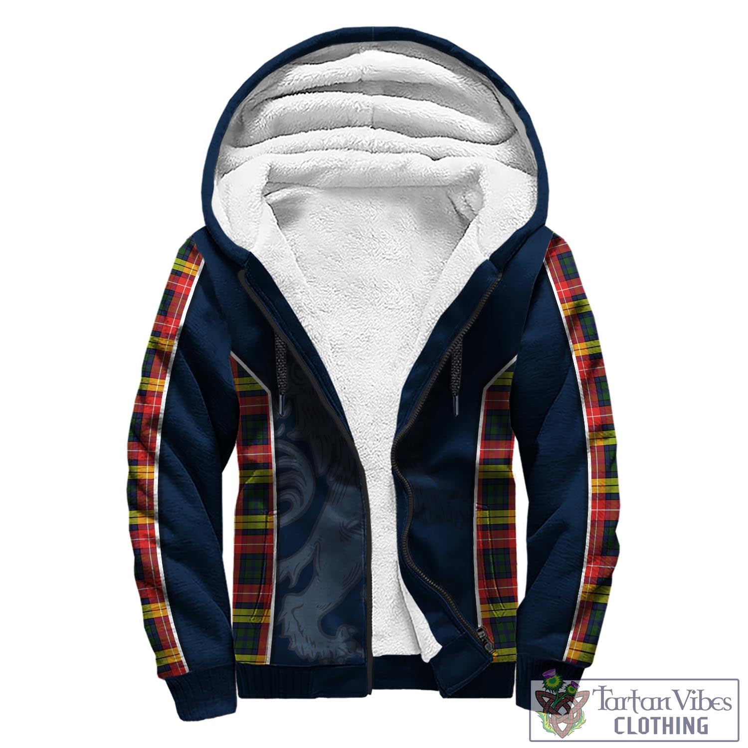 Tartan Vibes Clothing Buchanan Modern Tartan Sherpa Hoodie with Family Crest and Lion Rampant Vibes Sport Style