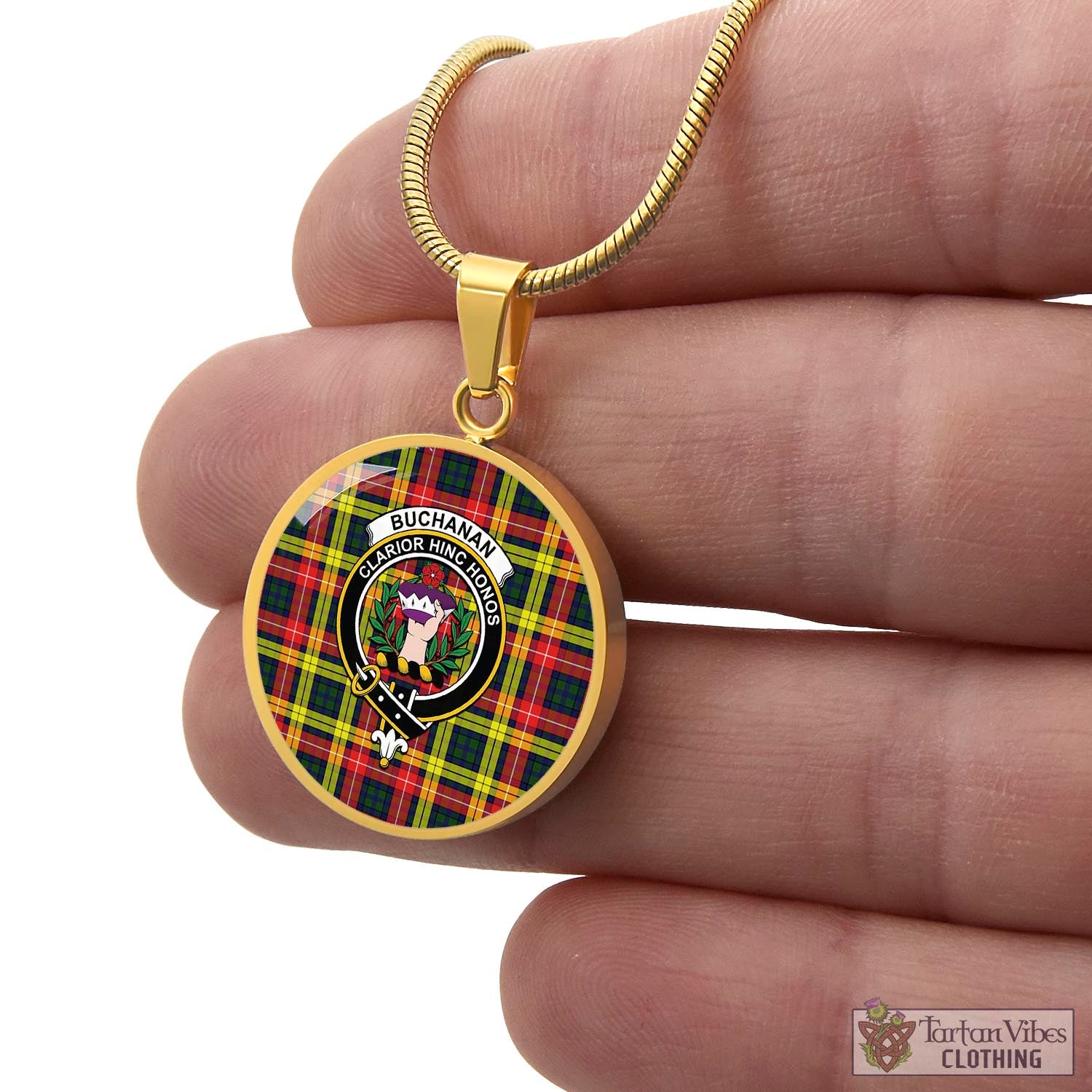 Tartan Vibes Clothing Buchanan Modern Tartan Circle Necklace with Family Crest