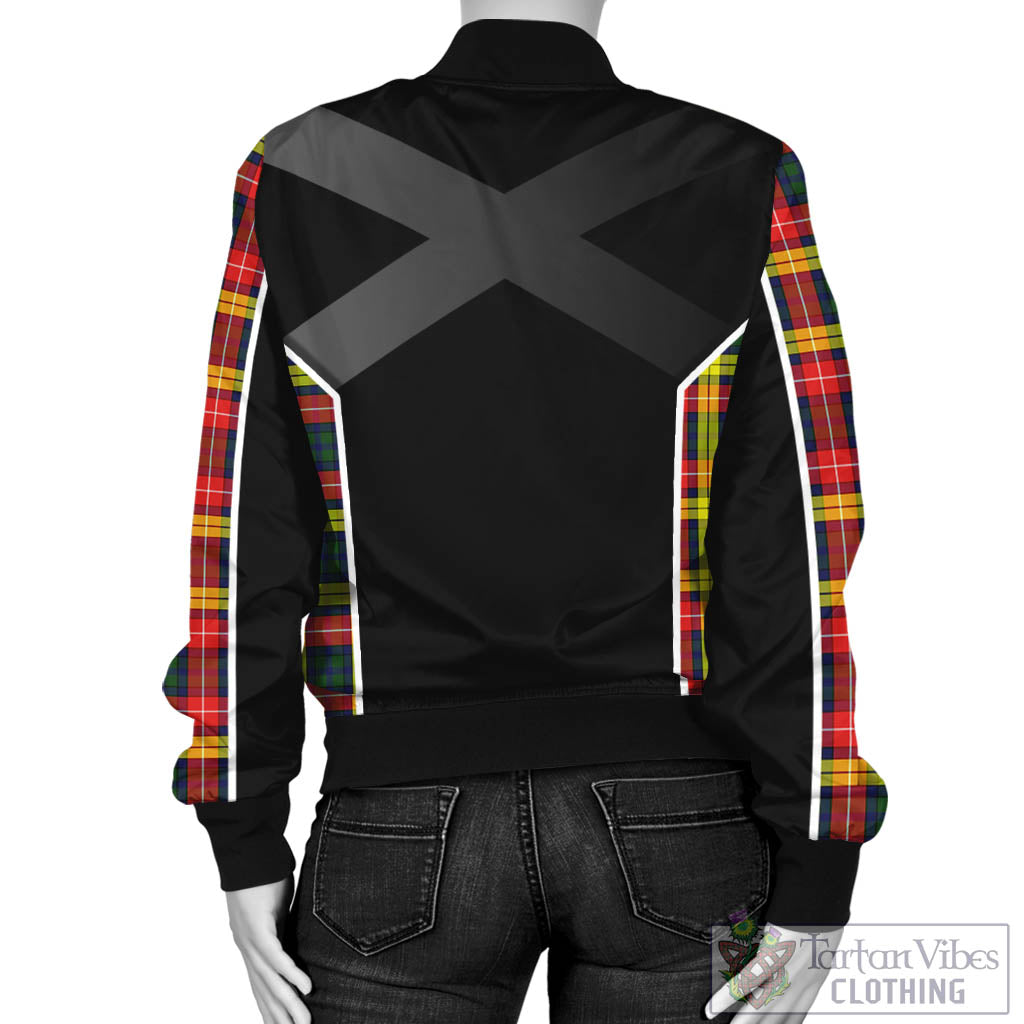 Tartan Vibes Clothing Buchanan Modern Tartan Bomber Jacket with Family Crest and Scottish Thistle Vibes Sport Style