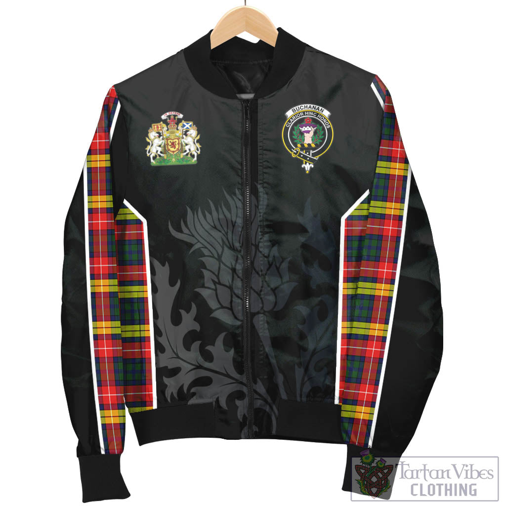 Tartan Vibes Clothing Buchanan Modern Tartan Bomber Jacket with Family Crest and Scottish Thistle Vibes Sport Style