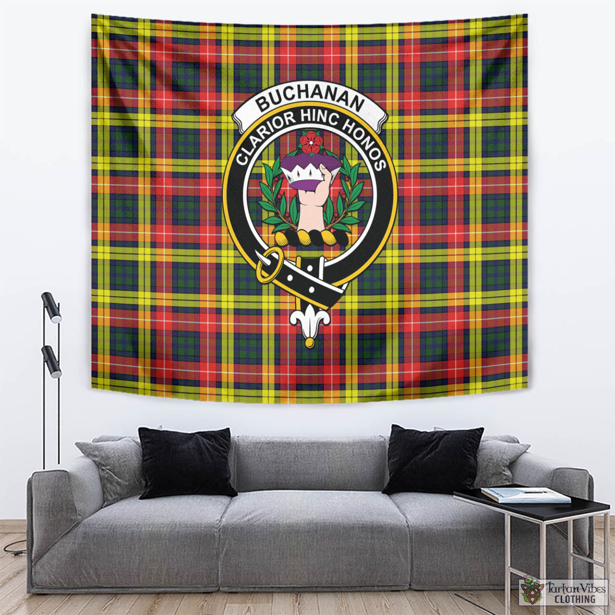 Tartan Vibes Clothing Buchanan Modern Tartan Tapestry Wall Hanging and Home Decor for Room with Family Crest