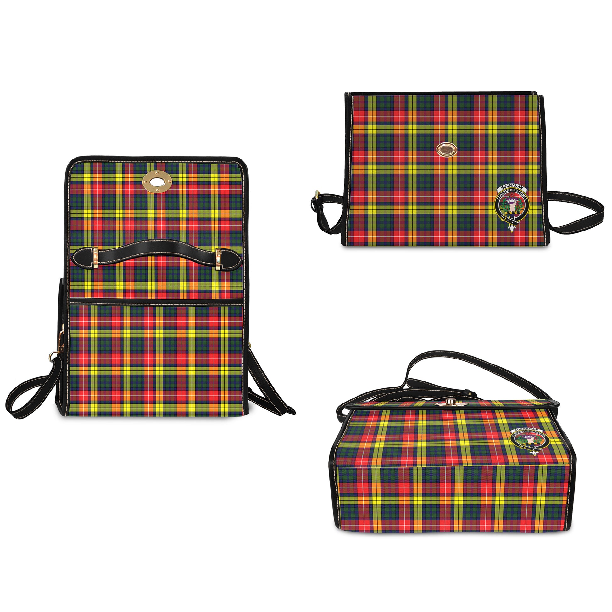 Buchanan Modern Tartan Leather Strap Waterproof Canvas Bag with Family Crest - Tartanvibesclothing