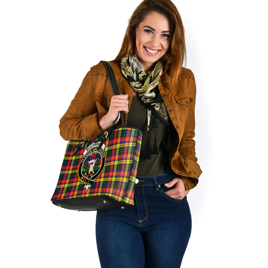 Buchanan Modern Tartan Leather Tote Bag with Family Crest - Tartanvibesclothing