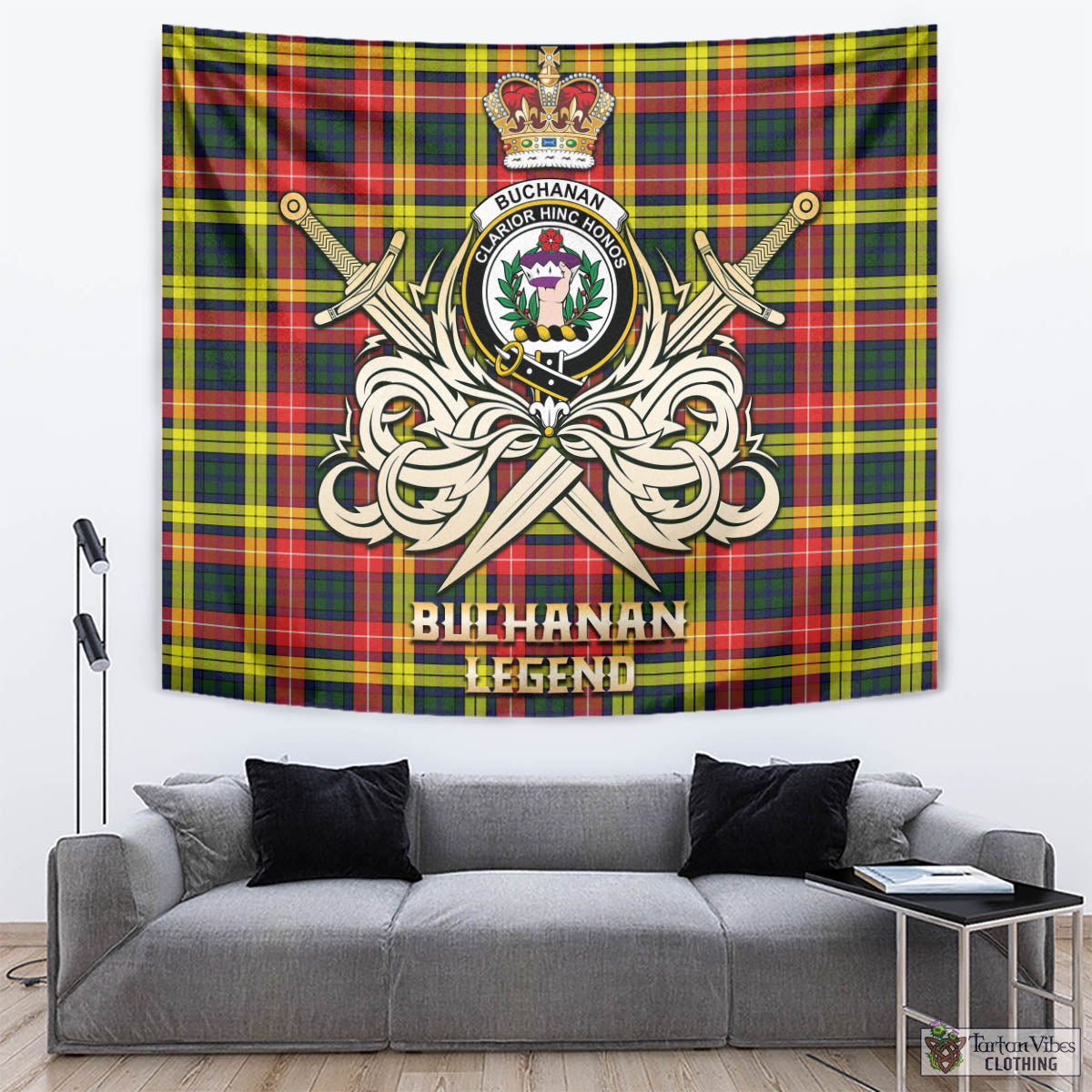 Tartan Vibes Clothing Buchanan Modern Tartan Tapestry with Clan Crest and the Golden Sword of Courageous Legacy