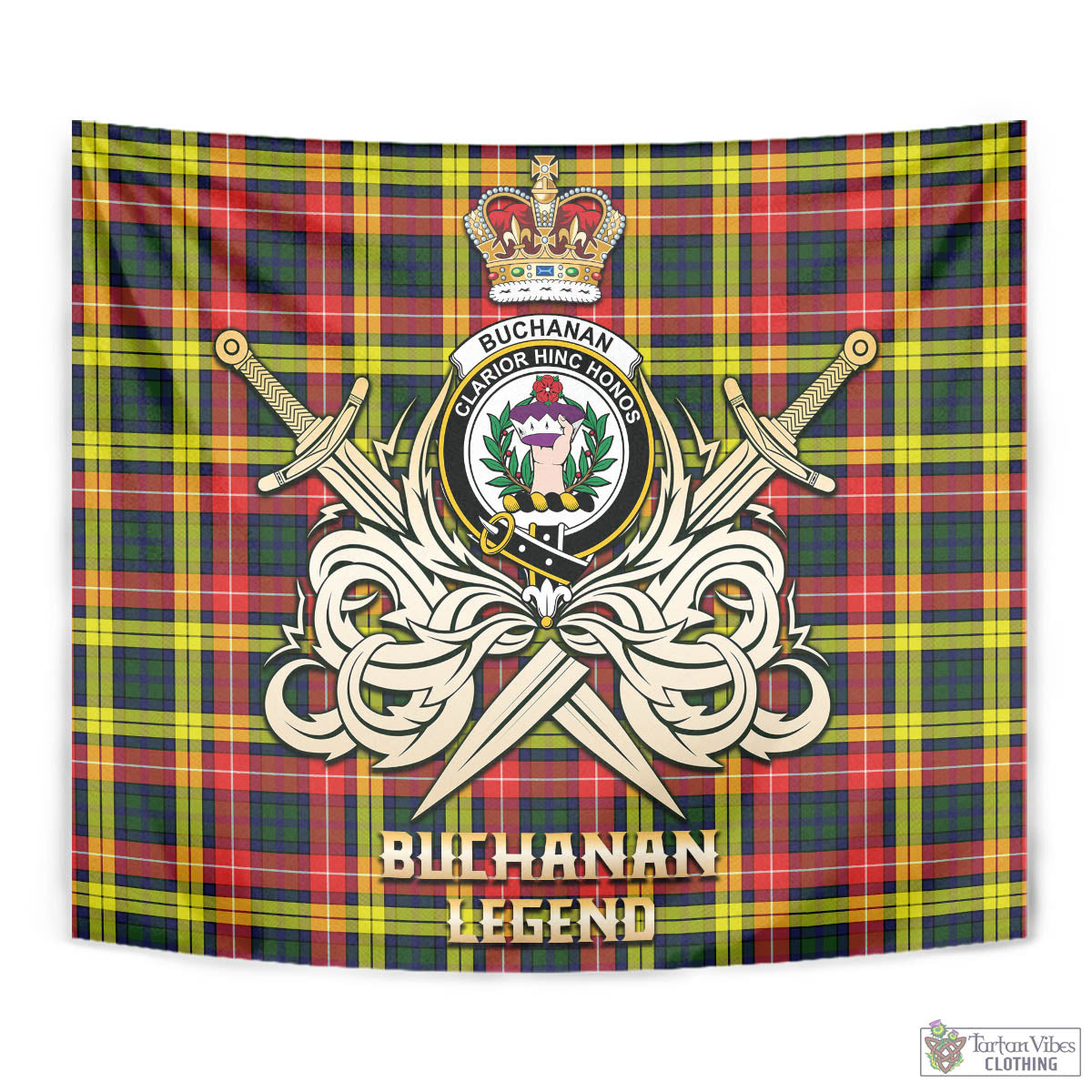 Tartan Vibes Clothing Buchanan Modern Tartan Tapestry with Clan Crest and the Golden Sword of Courageous Legacy