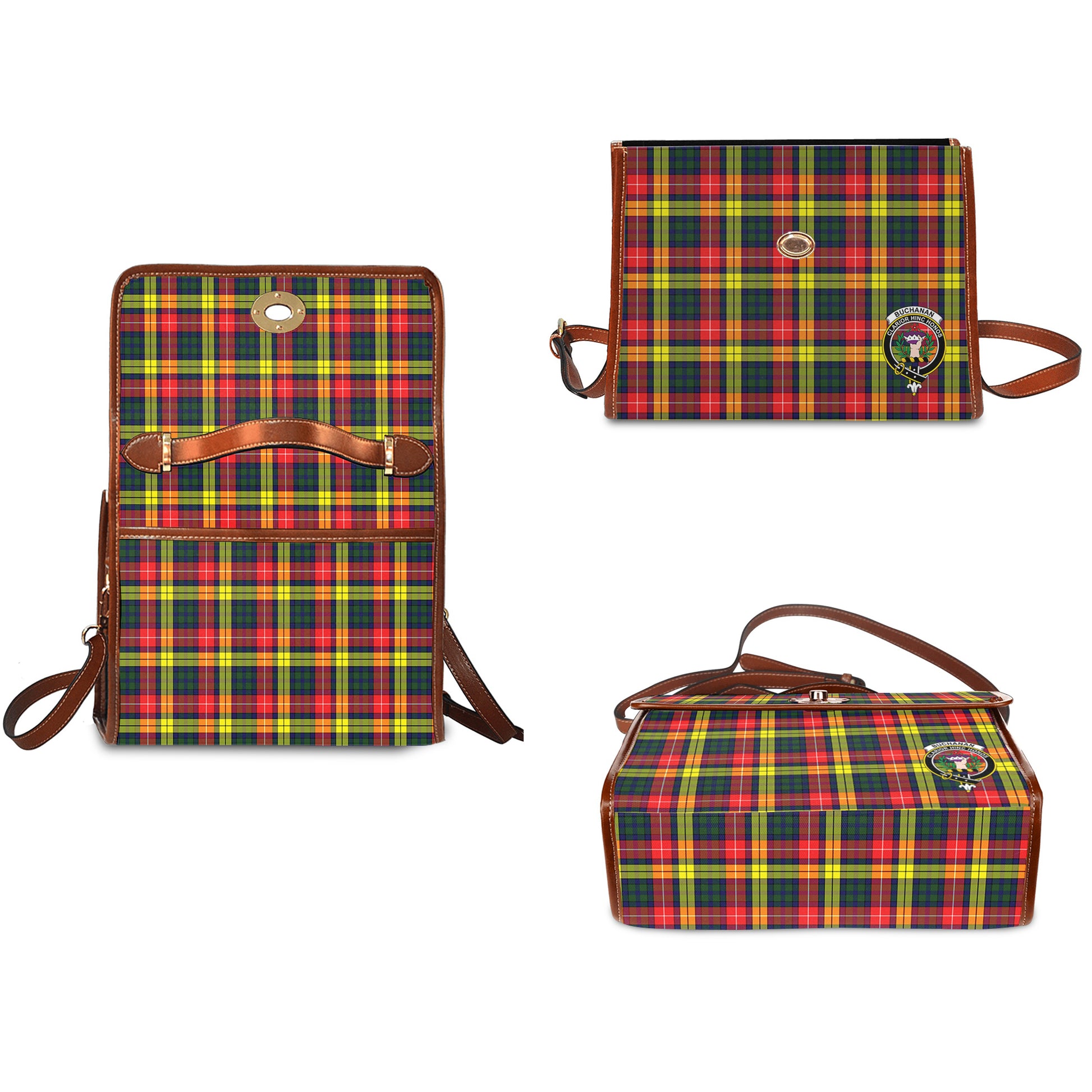 Buchanan Modern Tartan Leather Strap Waterproof Canvas Bag with Family Crest - Tartanvibesclothing