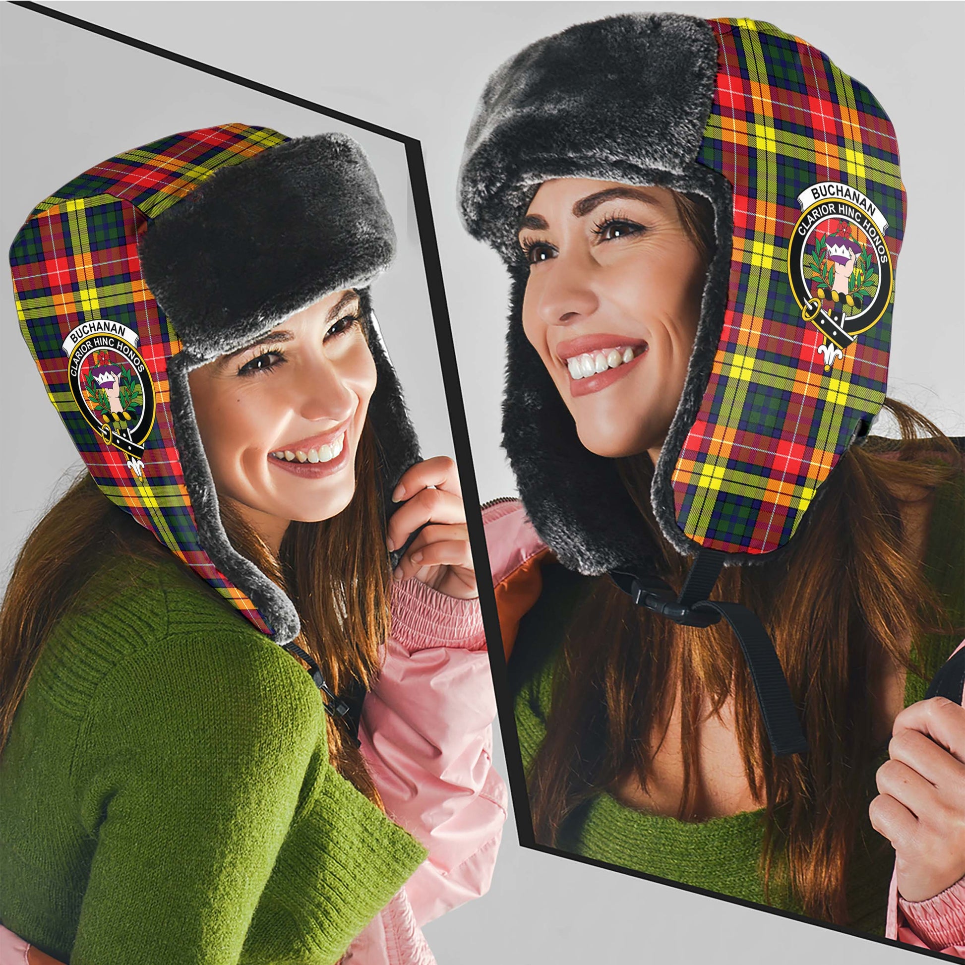 Buchanan Modern Tartan Winter Trapper Hat with Family Crest - Tartanvibesclothing