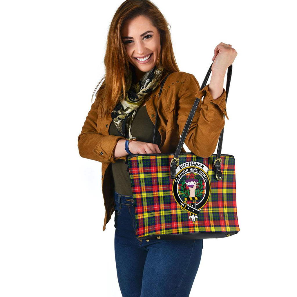 Buchanan Modern Tartan Leather Tote Bag with Family Crest - Tartanvibesclothing