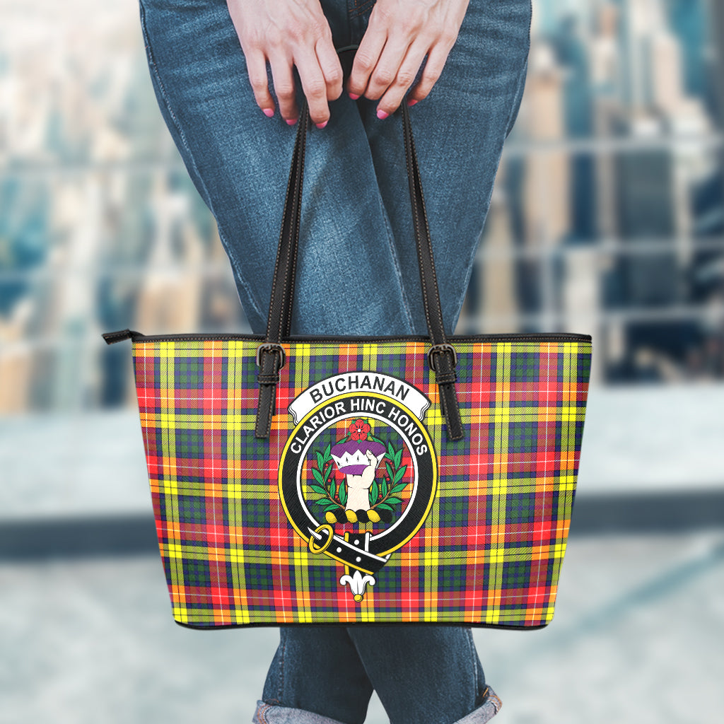 Buchanan Modern Tartan Leather Tote Bag with Family Crest - Tartanvibesclothing