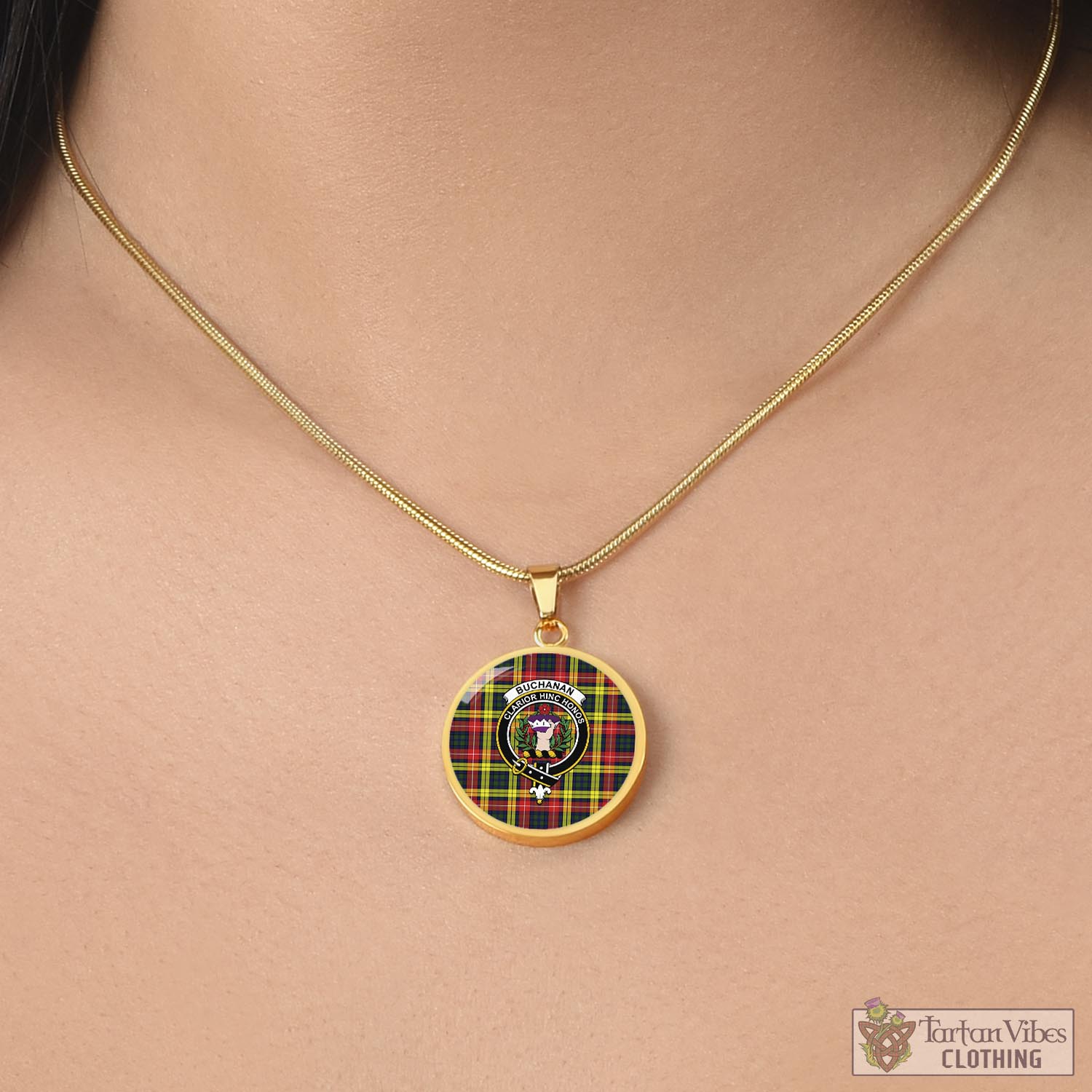 Tartan Vibes Clothing Buchanan Modern Tartan Circle Necklace with Family Crest