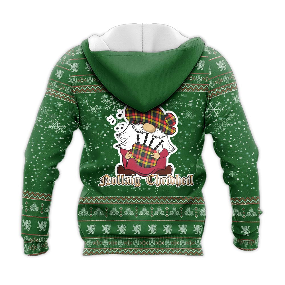 Buchanan Modern Clan Christmas Knitted Hoodie with Funny Gnome Playing Bagpipes - Tartanvibesclothing