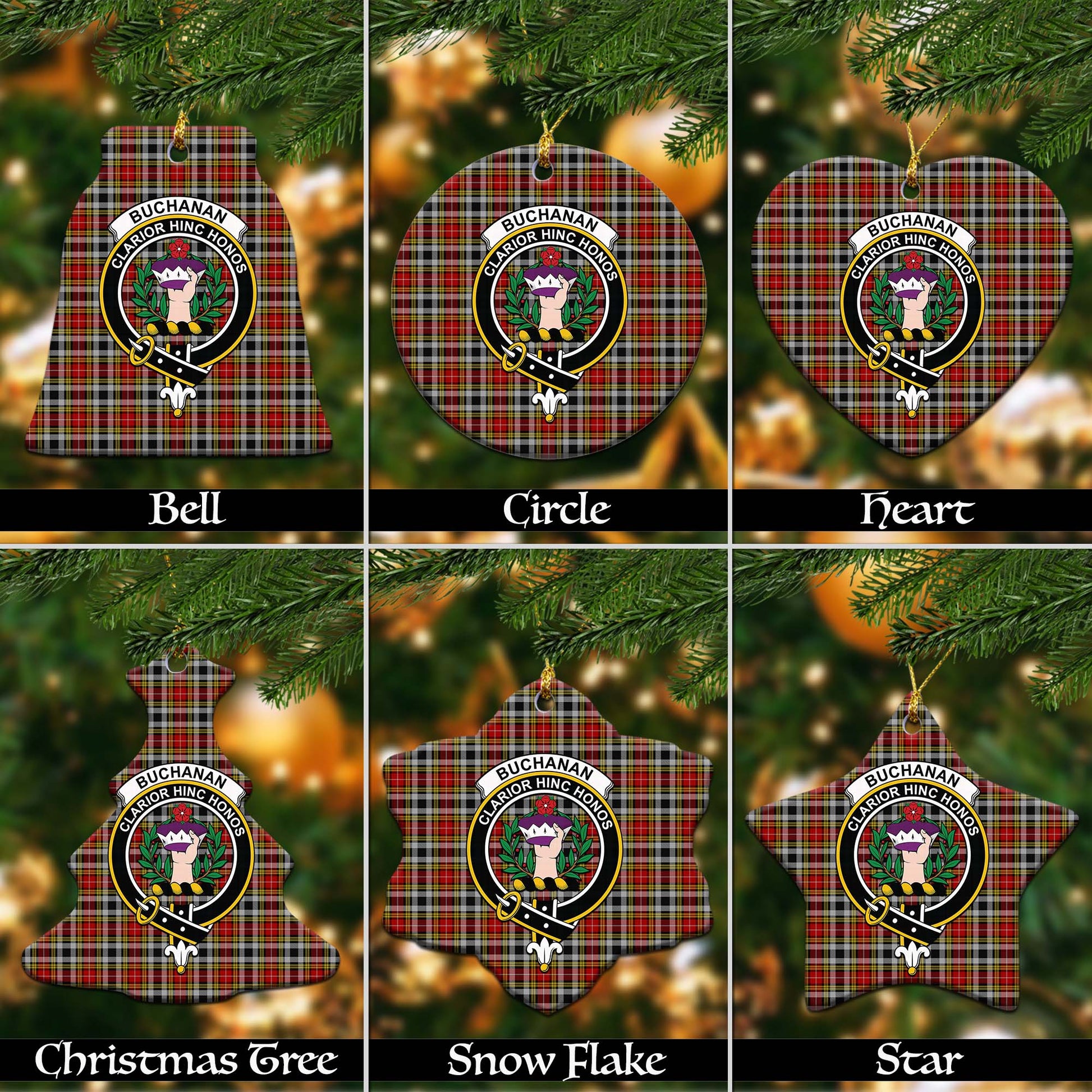 Buchanan Old Dress Tartan Christmas Ornaments with Family Crest Ceramic Bell Pack 1: ornament * 1 piece - Tartanvibesclothing