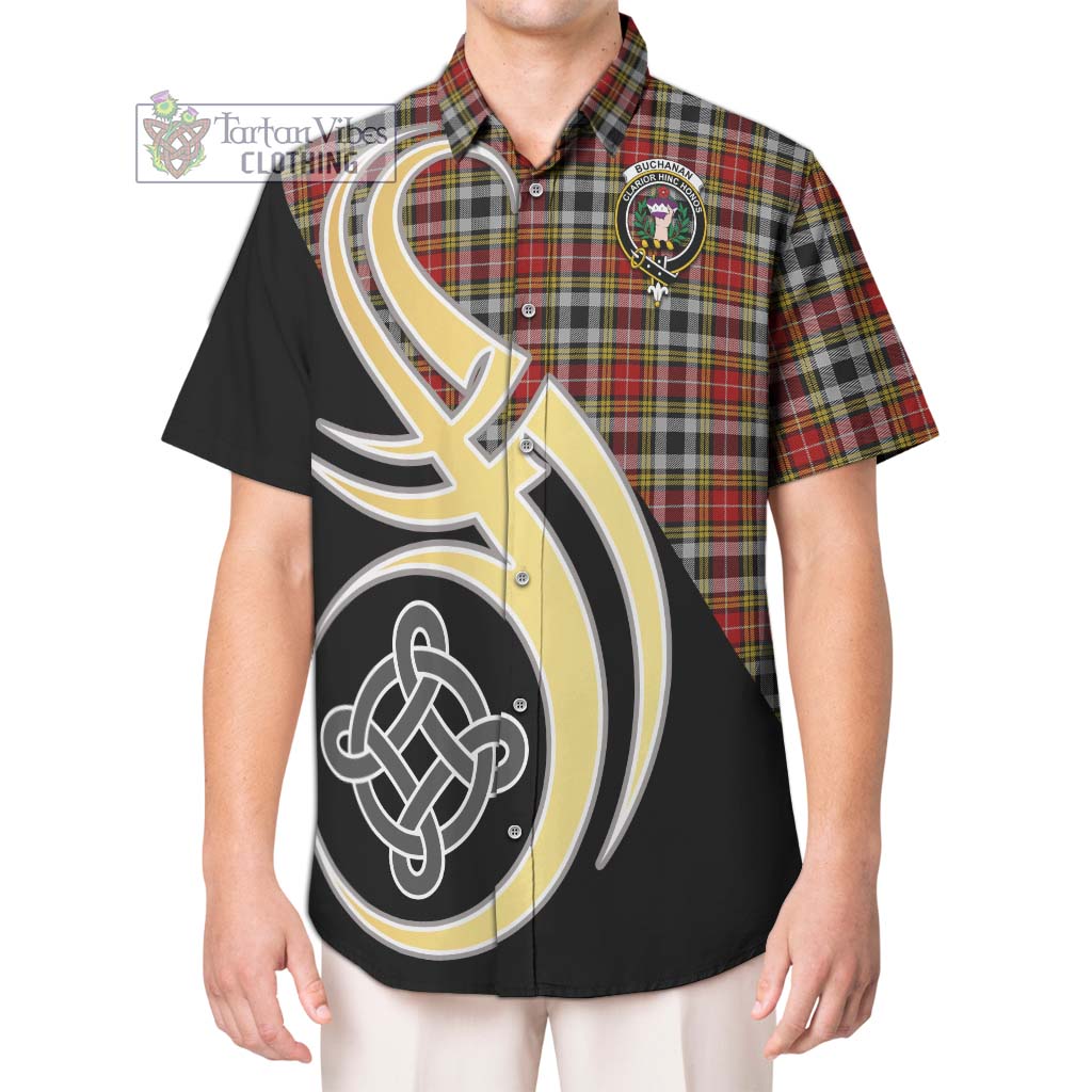 Buchanan Old Dress Tartan Short Sleeve Button Shirt with Family Crest and Celtic Symbol Style Kid - Tartan Vibes Clothing